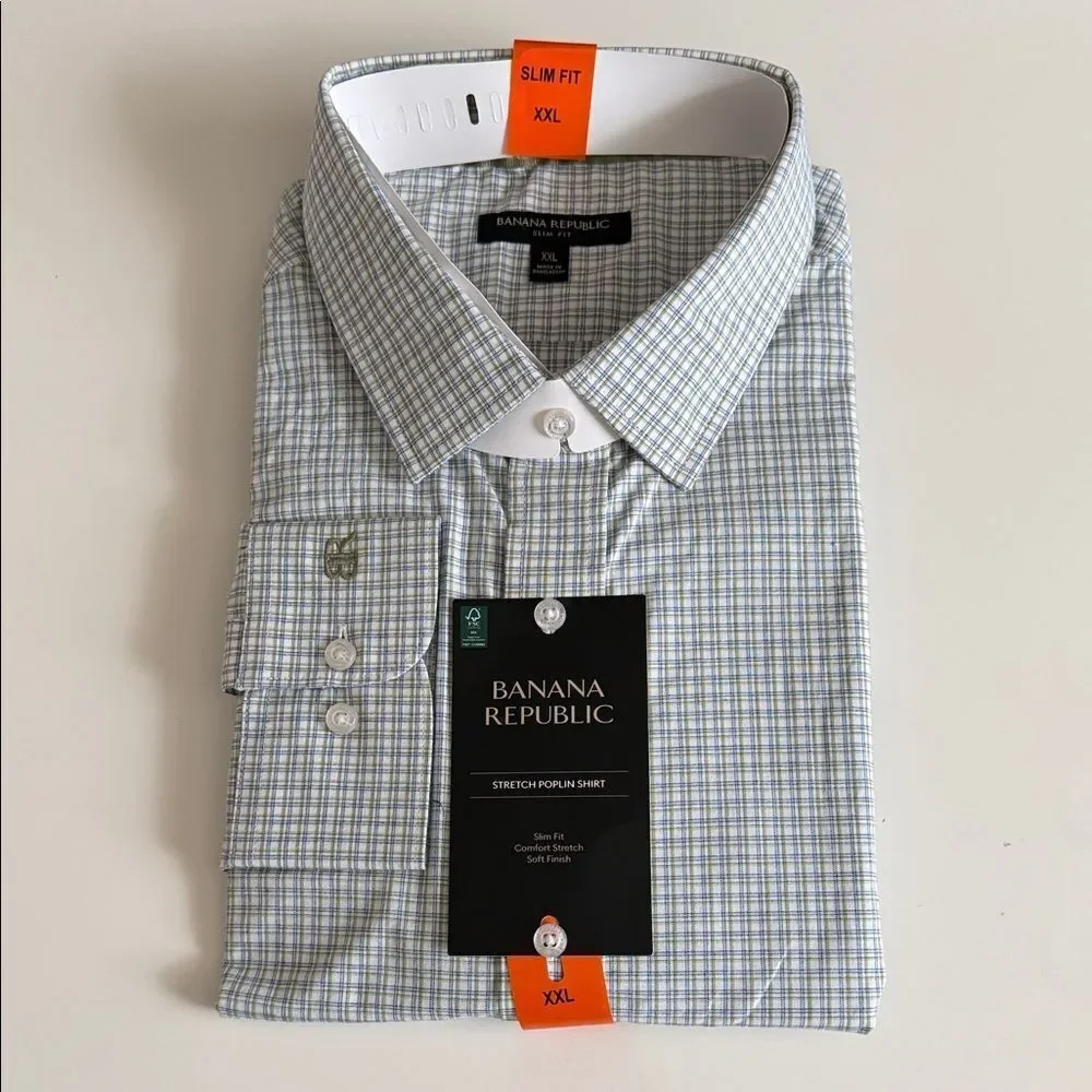 Banana Republic Men's Slim Fit Dress Shirt Green Blue and White Check